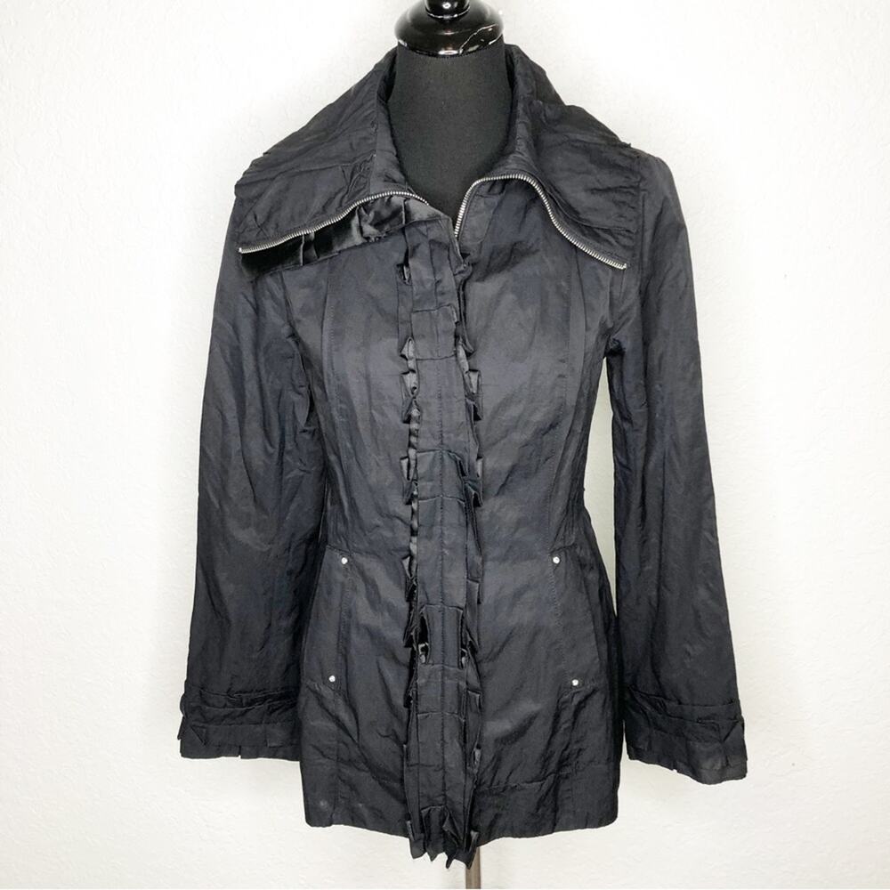 WHBM‎ black metallic ruffle trim full zip front jacket size Small